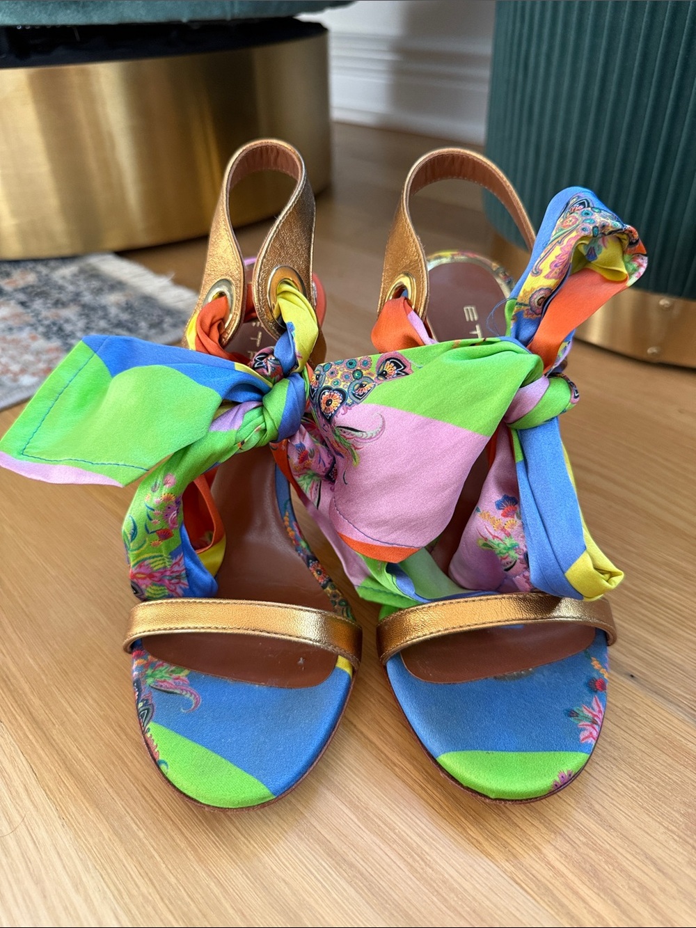 Etro Gold Slingback Heels with Multicolor Scarf